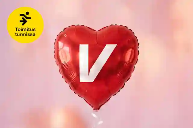 V-logo punaisessa helium ilmapallossa, joka on sydämenmuotoinen. Vieressä pallura jossa teksti:"Toimitus tunnissa".