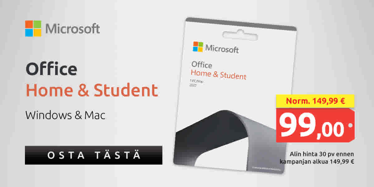 Microsoft Office Home & Student Windows & Mac Norm. 149,99 € nyt 99,00 €. Alin hinta 30 pv ennen kampanjan alkua 149,90 €. Osta tästä!