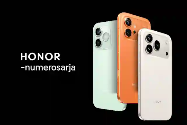 Kolme Honor-älypuhelinta mintunvihreänä, oranssina ja valkoisena mustalla taustalla. Teksti: HONOR -numerosarja.