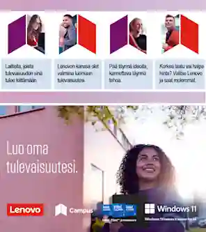 Tietoiskulaatikoita joissa kerrotaan miksi kannattaa ostaa Lenovon tietokone. Lenovo , Campus ja Intel -logot.