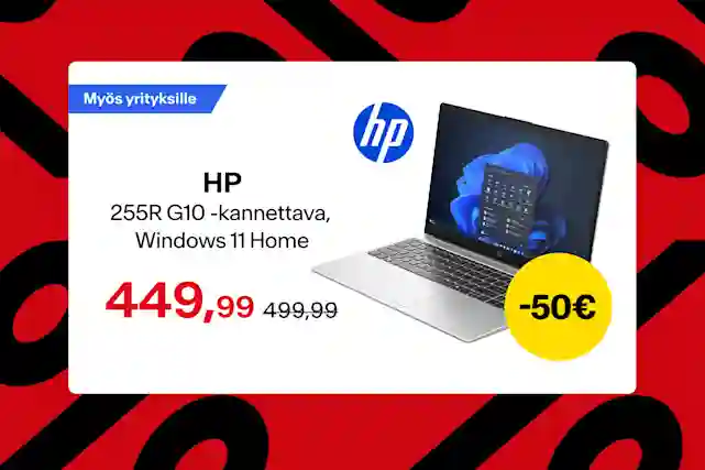 HP 255R G10 -kannettava tietokone (Windows 11 Home) tarjouskuvassa, hinta 449,99 €, alennus −50 €. Ostoksille!