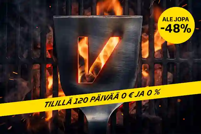 Kuvassa ylhäältäpäin kuvattu hiiligrilli ja sen päällä lasta johon on keskelle kaiverrutta läpinäkyvä V-logo. Ale jopa -48%. Myös yrityksille. Ostoksille! Nauha jossa teksti:"Tilillä 120 päivää 0 € ja 0 €"