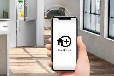 A smartphone with the SmartDevice app controls home devices, with a refrigerator and living room in the background.