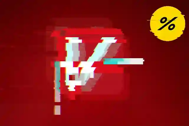 Verkkokauppa.com V-logotyp med digital glitch-effekt på röd bakgrund. Rabattsymbol i övre högra hörnet.