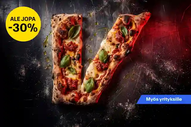 V-kirjaimen muotoinen pitsa rosteri taustalla. Päälle ripoteltu oliiviöljyä. Vasemmassa yläkulmassa keltainen pallura, jossa teksti:"Ale jopa -30%". Myös yrityksille.