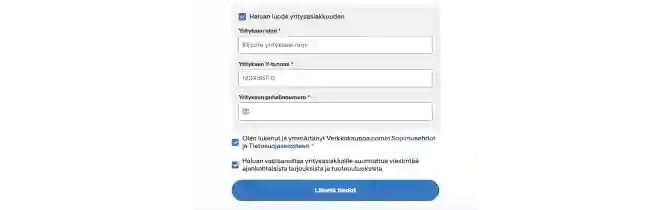 Haluan luoda yritysasiakkuuden, yrityksen nimi, y-tunnus ja puhelinnumero.
