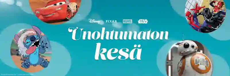 Disney, Pixar, Marvel ja Star Wars -logot. Niiden vieressä hahmot omista sarjoistaan ja teksti:"Unotumaton kesä". Tutustu!