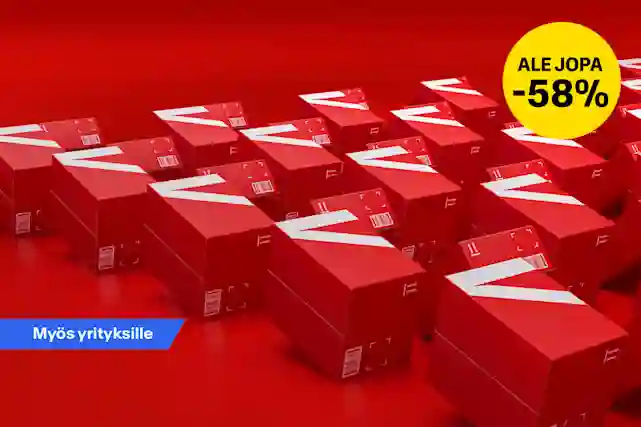 Varaston perukoilta punaisia Verkkokauppa.com pahvilaatikoita rivissä täynnä alennustuotteita. Osa tuotteista kulkeutuu kotiin toimitettuna tunnissa.Ale jopa -58 %. Myös yrityksille. Ostoksille!