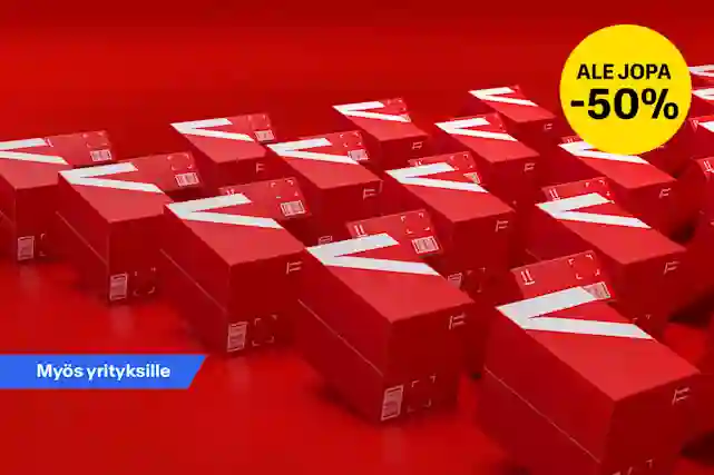 Varaston perukoilta punaisia Verkkokauppa.com pahvilaatikoita rivissä täynnä alennustuotteita. Osa tuotteista kulkeutuu kotiin toimitettuna tunnissa.Ale jopa -50 %. Myös yrityksille. Ostoksille!