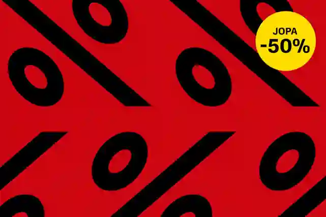 Punaisella pohjalla isoja mustia prosentti merkkejä. Oikeassa ylänurkassa keltainen pallura, jossa teksti:"Jopa -50 %!".