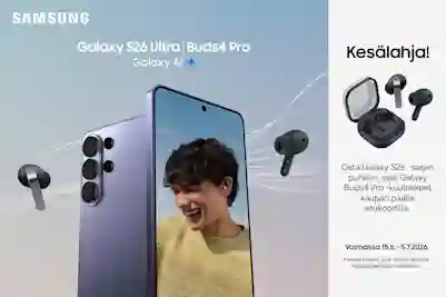 Samsung Galaxy S26 Ultra -puhelin ja Buds4 Pro -kuulokkeet. Kesälahja: Osta puhelin, saat kuulokkeet kaupan päälle.