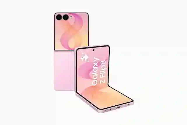 Pink Samsung Galaxy Z Flip8 foldable smartphone shown open and closed, with a pastel-toned display.