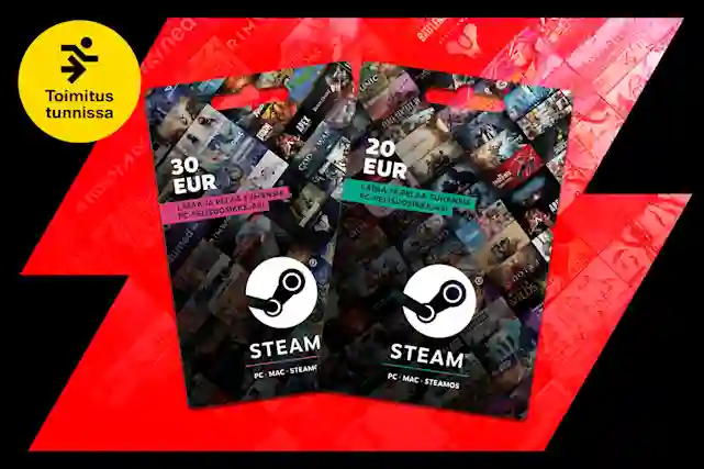 Tekstit:"Steam-lahjakortti. Lataa ja pelaa tuhansia PC-pelisuosikkejasi.". Yläpuolella Steam Logo ja teskti:"Steam - PC, Mac ja SteamOS". Toimitus tunnissa!