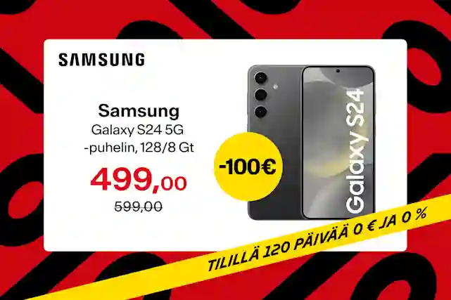 Samsung Galaxy S24 5G -puhelin, 128/8 Gt 499 € (norm. 599 €) Säästä 100 €! Vieressä kuva puhelimesta. 120 päivää kuluton ja koroton maksuaika.