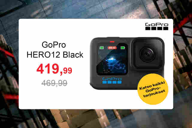 GoPro HERO12 Black -action-kamera. Teksti:"Katso kaikki GoPro-tarjoukset. HERO12 Black hintaan jopa 419,99 euroa, normaalisti 469,99 euroa."
