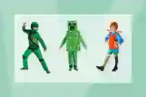 Ninjago naamiaisasu, minecraft naamiaisasu ja Peppi Pitkätossu naamiaisasu. Taustalla vihreä v-logo.