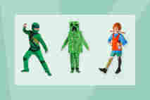Ninjago naamiaisasu, minecraft naamiaisasu ja Peppi Pitkätossu naamiaisasu. Taustalla vihreä v-logo.