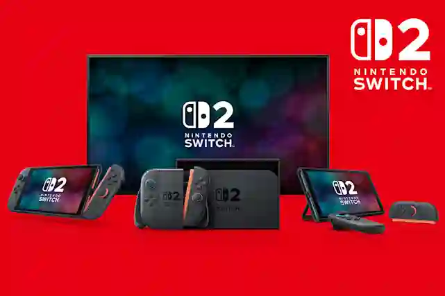 Nintendo Switch 2 -pelikonsoleita ja televisio jossa Switch 2 -logopunaisella taustalla. Tutustu!