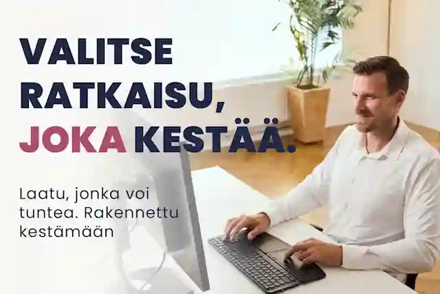 A man works on a computer in a home office. Text: Choose a solution that lasts. Quality you can feel. Built to last.