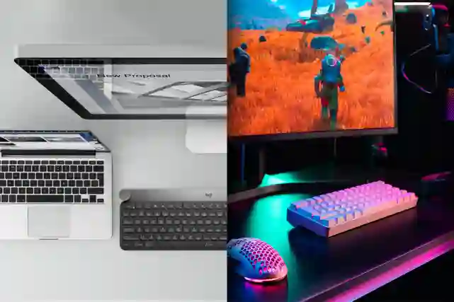 Kuva jaettu puoliksi, jossa vasemmalla puolella on harmaa työpöytä työtietokoneella ja näytöllä. Oikealla puolella pelaajan setup kirkkailla väreillä ja mustalla pöydällä.