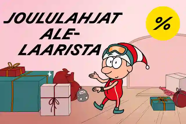 Joululahjat alelaarista. Tonttu esittelee lahjojen täyteistä huonetta, mikä prosenttimerkin kuvastamana täynnä hyvässä tarjouksessa olevia lahjoja..