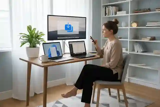 Henkilö soittaa apua, koska ei saa työpöydällä olevasta PC-kannettavasta tietoja siirrettyä MacBookkiin. Kuva on AI:lla luotu.