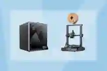 3D-tulostimet Creality K1 Max 3D-tulostin ja Creality Ender-3 V3 SE 3D-tulostin. Taustalla sininen V-logo