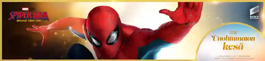 Reklambanderoll för filmen Spider-Man Brand New Day, där Spindelmannen i röd dräkt flyger mot kameran. Text: En oförglömlig sommar.