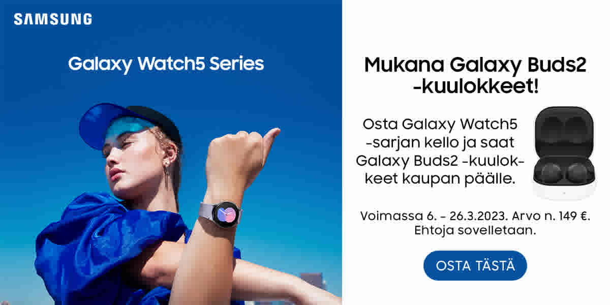 Samsung Galaxy Watch5 Series – Mukana Galaxy Buds2 -kuulokkeet! Voimassa 6. - 26.3.2023. Arvo n. 149 €. Ehtoja sovelletaan. Osta tästä!