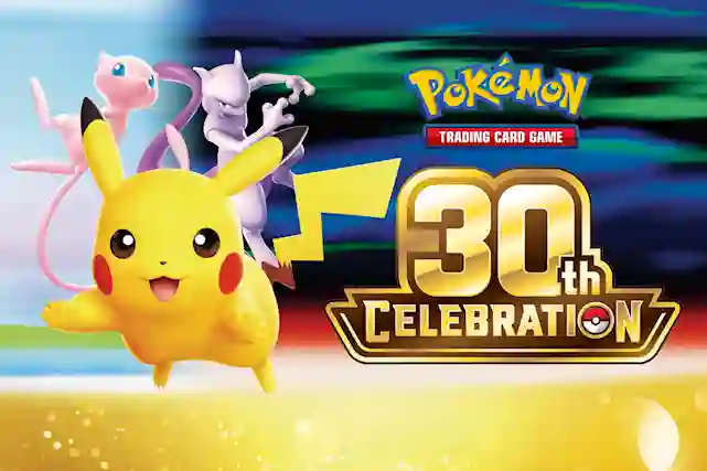 Pokémon Trading Card Game 30th Celebration -mainosbanneri, jossa Pikachu ja muita Pokémon-hahmoja.