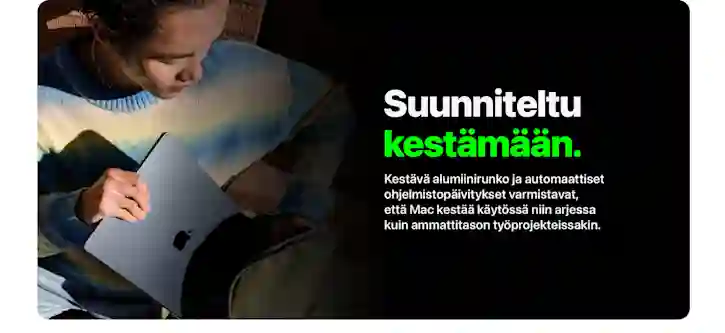 En person använder en MacBook-laptop i soffan. Text: Designad att hålla.