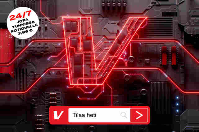 Punainen led V-logo piirilevyn päällä. Alla hakupalkki, jossa teksti:"Tilaa heti". Vasemmassa yläkulmassa pallura, jossa teksti:"24/7 jopa tunnissa kotiovelle 2,99 €".