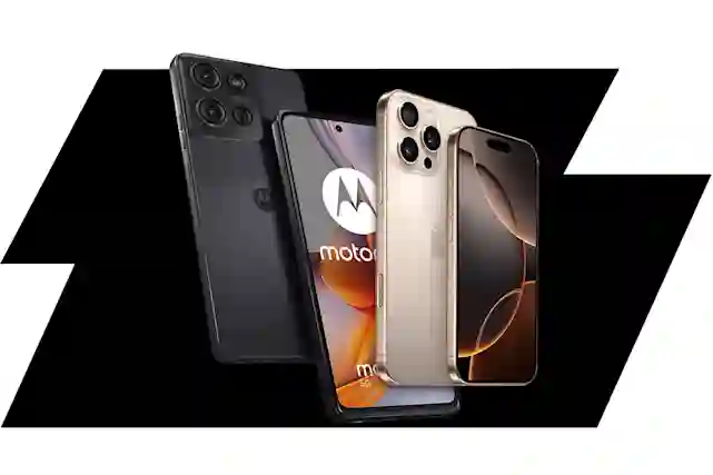Motorolan yrityspuhelin ja Apple iPhone vierekkäin, edestä ja takaa kuvattuna