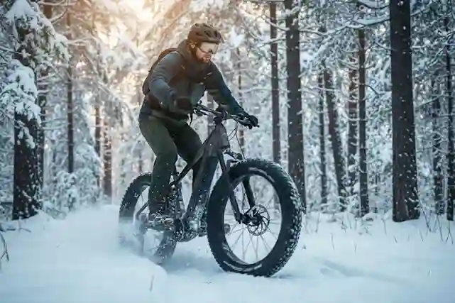 Pyöräilijä viilettää pitkin lumia metsäteitä sähköfatbiken kanssa lumi pöllyten.