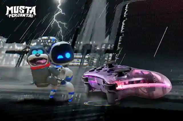 Synkässä ja sateisessa ilmassa seisoo Astro Bot peliohjaimen vieressä. Katso pelaamisen Musta Perjantai -tarjoukset!