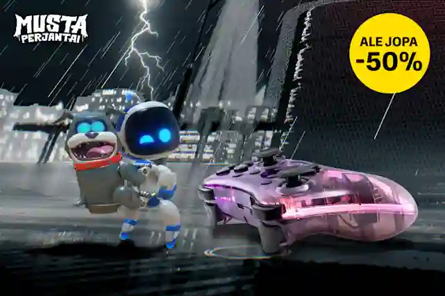 Synkässä ja sateisessa ilmassa seisoo Astro Bot peliohjaimen vieressä. Katso pelaamisen Musta Perjantai -tarjoukset!