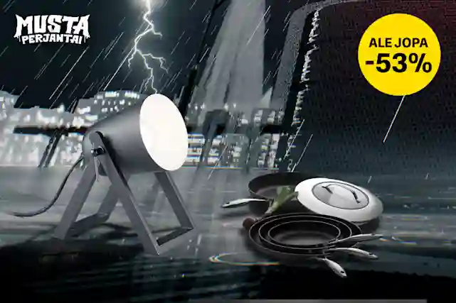 Synkässä ja sateisessa ilmassa sisustusvalo ja paistinpannut ovat kastumassa. Katso koti ja piha -kategorian Musta Perjantai -tarjoukset ale jopa -53%!!