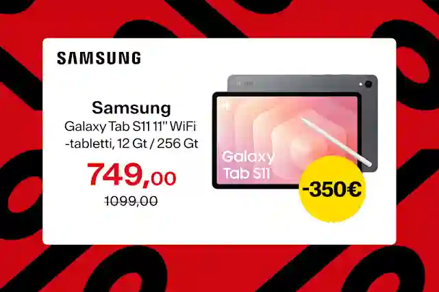 Samsung Galaxy Tab S11 ‑tabletti ja S Pen ‑kynä esillä kampanjabannerissa. Kuvassa näkyy tarjoushinta 749 € ja alennus −350 €, taustalla graafinen punamusta kuvio.