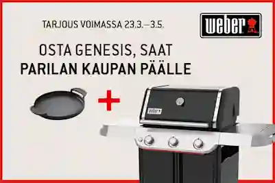 Weber-mainosbanneri: Tarjous voimassa 23.3.–3.5. Osta Weber Genesis -kaasugrilli ja saat parilan kaupan päälle. Kuvassa grilli ja parila.