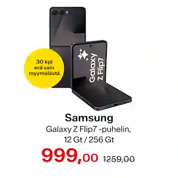 Samsung Galaxy Z Flip7 puhelin, 256/12 Gt, Jetblack. 999 € (norm. 1259 €). 30 kpl erä vain myymälässä.