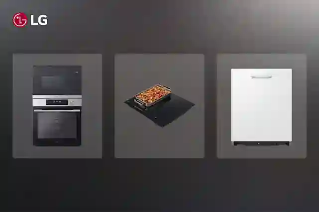 Tummalle taustalle kerätty laatikoihin kuvia LG:n erilaisista kodinkoneista. Kuvissa erillisuuni, integroitava mikro, keittotaso sekä astianpesukone.