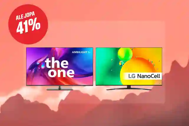 Philips The One PUS8888 55" 4K LED Ambilight Google TV ja LG 55NANO76 55" 4K NanoCell TV. Vieressä punainen pallura, jossa teksti:"Ale jopa 41%".