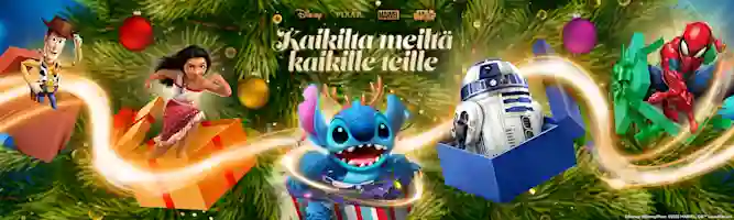 Disney, Pixar, Marvel ja Star Wars -logot. Niiden vieressä Disney-hahmot Stitch, Woody, R2D2, Spiderman ja Vaiana lahjalaatikoissa. Teksti: Kaikilta meiltä kaikille teille.
