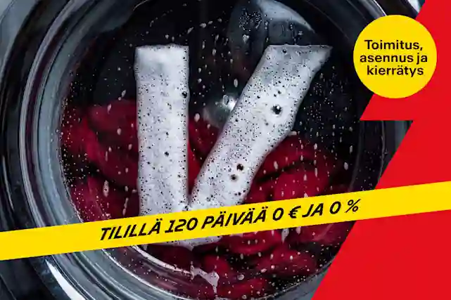 Pesukoneen rummun sisäpuoli ylhäältä kuvattuna; vaahtoutunut pesuaine muodostaa V-kirjaimen punaisia vaatteita vasten, ja kuvan päällä on keltainen ilmoitusnauha tekstillä ”Tilillä 120 päivää 0 € ja 0 %”.