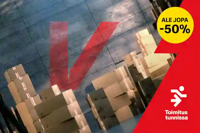 Ale jopa -50 % ja toimitus tunnissa. Nyt ostoksille! Kuvassa varasto joka on kallellaan ja seinässä punainen V-kirjain -logo.