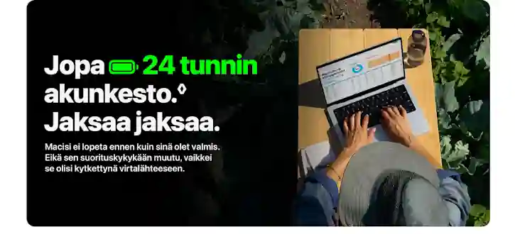 En person använder en bärbar dator på ett trädgårdsbord omgiven av växter. Text: Batteri som håller upp till 24 timmar.