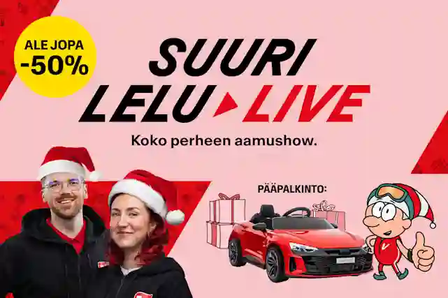 Suuri Lelu Live – Koko perheen aamushow somessa su 14.12. klo 9.00. Ale jopa -50 %. Pääpalkintona Audi RS e-tron GT lasten sähköauto!