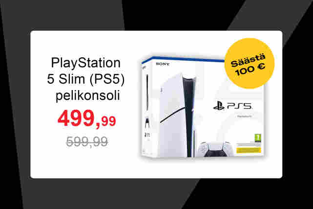 PlayStation 5 Slim (PS5) -pelikonsoli alennuksessa hintaan 499,99 euroa! Säästä 100 euroa. Normaalisti 599,99 euroa.