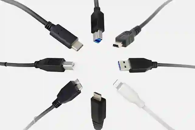 Olika USB-kablar och kontakter, inklusive USB-C, USB-B, micro-USB, mini-USB och Lightning-kontakt.