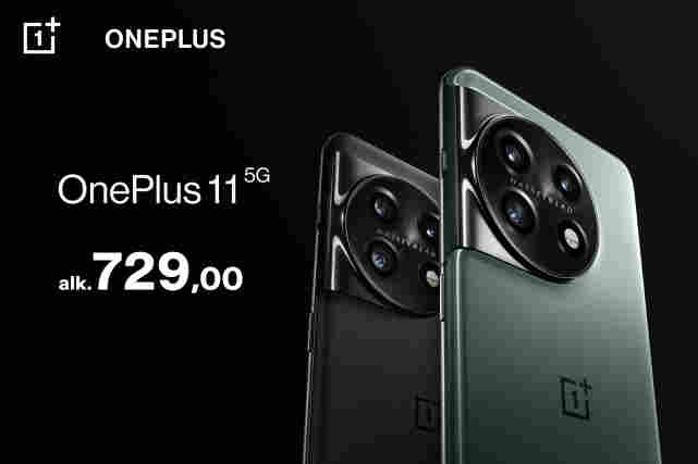 Kaksi OnePlus-puhelinta vierekkäin. Väreiltään musta ja vihreä. Vieressä teksti:"OnePlus 11 5g alk. 729,00".